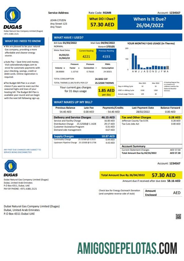 Para baixar modelo de conta de serviços públicos da UAE Dubai Natural Gas Company Limited (Dugas) em formato Word e PDF